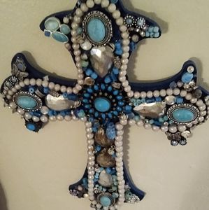 Hand Painted, Hand Beaded, One of a kind Cross, by: Michele's Creations